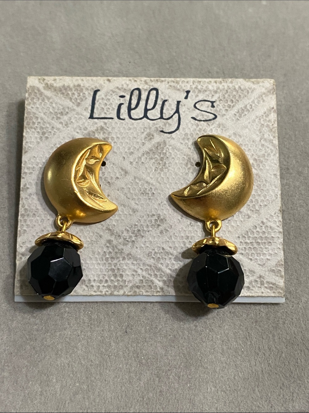 Gold Moon Drop Earrings with Black Faceted Beads